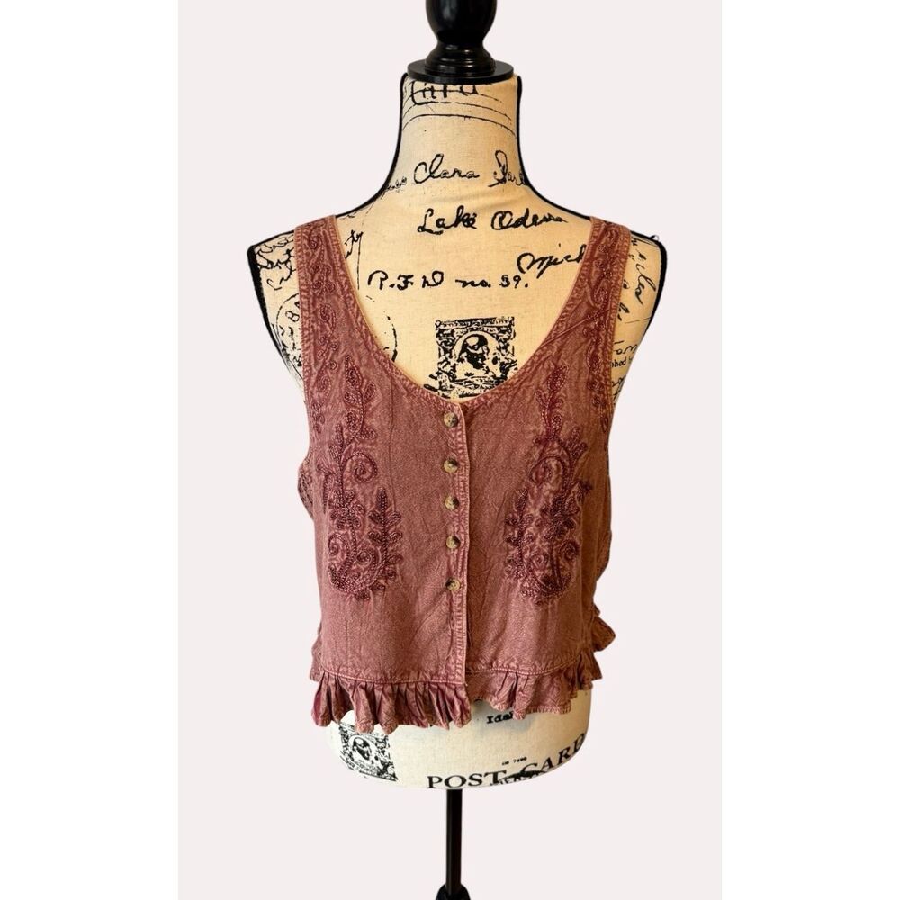 NWT Henna Shoppe Smocked Cami Crop Top Cocoa Embroidered Boho Free Size L